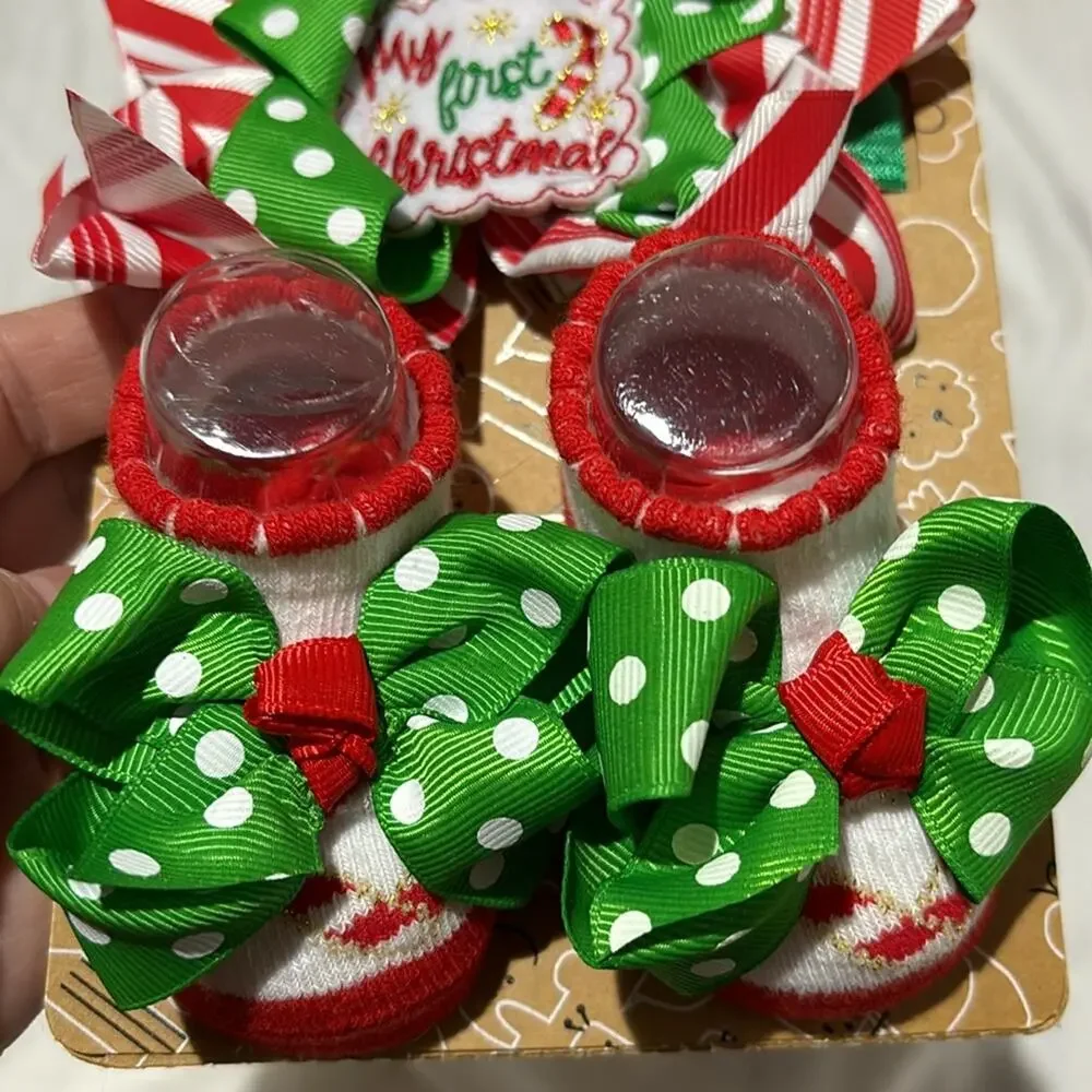 Baby Essentials 0-6 Christmas bow bootie socks headband My First Christmas NWT